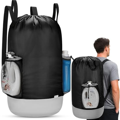 Large Backpack Laundry Bag (29" H × 15" Dia), Waterproof Clothes Hamper Bag, 900D Oxford Fabric Body and Double-Layer Nylon Base, Perfect for College Dorm, Travel, Apartment, Laundromat (Black)