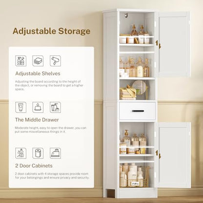 67" H Bathroom Storage Cabinet with Barn Doors & Adjustable Shelves, Bathroom Cabinet with Drawer, Narrow Bathroom Storage Unit, Floor Cabinets for Living Room, Kitchen, White