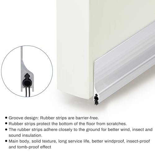2 Pcs 36 Inches Metal Door Draft Stopper, Door Sweep, Mouse Stopper, Mice Seal Strip, Aluminum, Noise Blocker, Keep Rodents and Pests Out, Enhanced Weather Sealing, Easy to Install, Silver