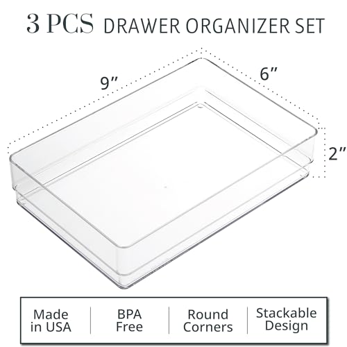 STORi SimpleSort 3-Piece Stackable Clear Drawer Organizer Set | 9" x 6" x 2" Rectangle Trays | Wide Makeup Vanity Storage Bins and Office Desk Drawer Dividers | Made in USA