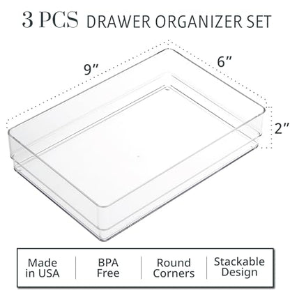 STORi SimpleSort 3-Piece Stackable Clear Drawer Organizer Set | 9" x 6" x 2" Rectangle Trays | Wide Makeup Vanity Storage Bins and Office Desk Drawer Dividers | Made in USA