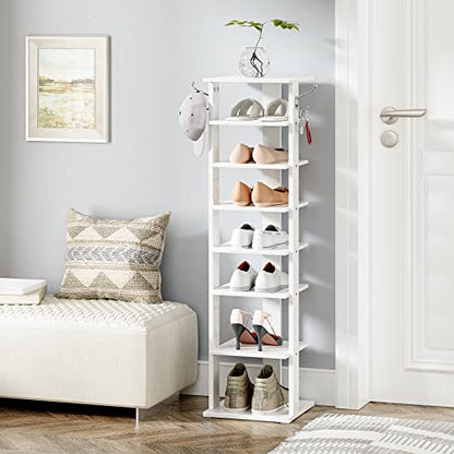 HOOBRO 8 Tiers Vertical Shoe Rack, Wooden Shoe Storage Organizer with Hooks, Narrow Shoe Tower for 8 Pairs, Space Saving, for Entryway, Living Room, Bedroom, White WT07XJ01G1