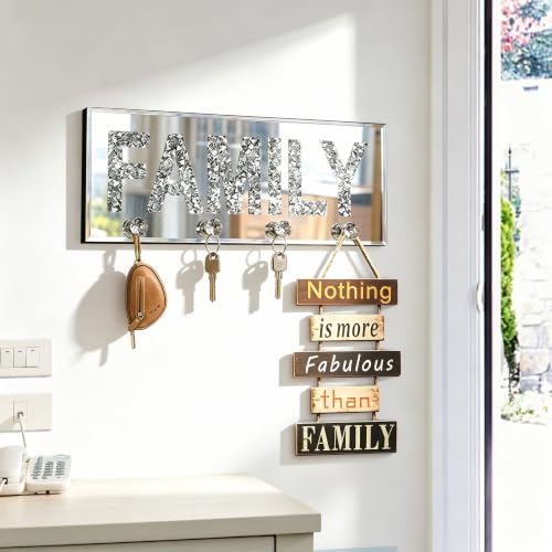 Crushed Diamond FAMILY Key Holder, Silver Mirror Wall Decor,11.8" ,4 Hooks | crushed diamond silver mirror with safe beveled edges,4 2-lb capacity acrylic hooks ,shatterproof, for keys/scarves/bags etc.