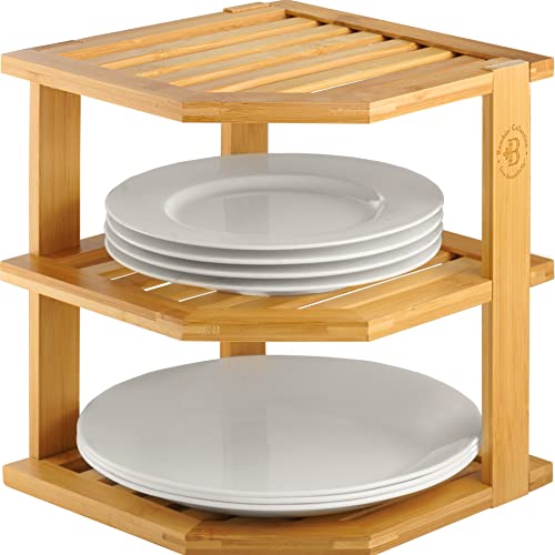 Plate Organizer for Cabinet, Corner Shelf, Bamboo... (Bamboo | Bamboo)