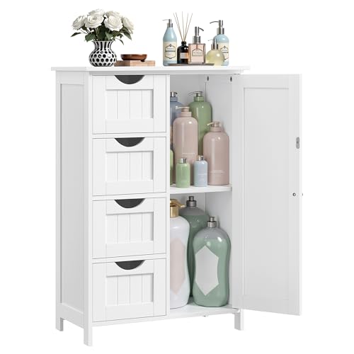 VASAGLE Storage Cabinet with Drawers, Freestanding Floor Cabinet with Door, 11.8 x 21.7 x 32.3 Inches, Adjustable Shelf, for Bathroom, Living Room, Kitchen, Cloud White ULHC041WH01S