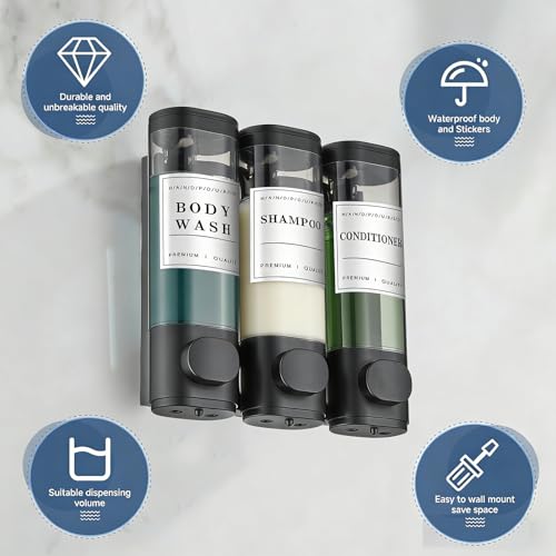 Shower Soap Dispenser Wall Mounted No Drill Shampoo Dispenser for Shower Wall Shampoo and Conditioner Dispenser Bathroom Hotel 3 * 300ml Black with Labels