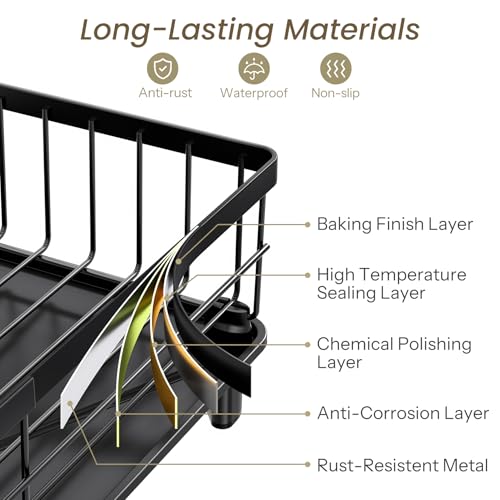 SNTD Dish Drying Rack for Small Kitchen Counter | Space Saving, Rotating Spout & Angled Drainboard for Quick Drainage, Stainless Steel, Removable Utensil Holder