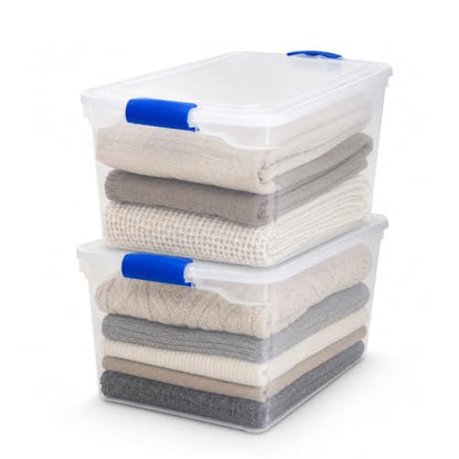 HOMZ Clear Plastic Storage Bins w/Latching Lid, 66 Qt, Blue Latch, 2 Pack | Large Stackable Container Boxes for Homes, Bathrooms, Garages, and Office Organization