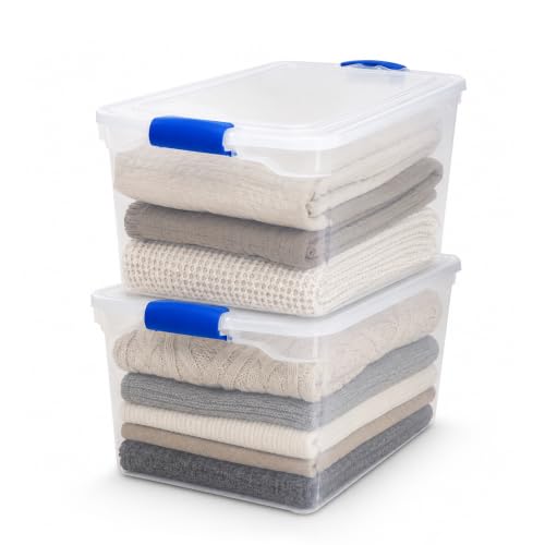HOMZ Clear Plastic Storage Bins w/Latching Lid, 66 Qt, Blue Latch, 2 Pack | Large Stackable Container Boxes for Homes, Bathrooms, Garages, and Office Organization
