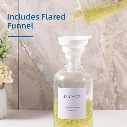 Glass Soap Dispenser with Upgrade Pump, Hand and Dish Soap Dispenser for Bathroom Kitchen, Soap Dispenser Set with 9 Stickers Funnel Bamboo Tray 500ml 18oz Clear