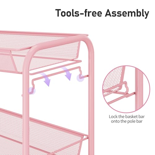 TOOLF 3 Tier Rolling Cart, Metal Utility Storage Cart with Wheels, Pink | 3 Hooks, Screwless Assembly, Trolley Organizer for Bathroom, Kitchen, Office, Nursery, Dorm, Laundry Room