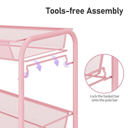 TOOLF 3 Tier Rolling Cart, Metal Utility Storage Cart with Wheels, Pink | 3 Hooks, Screwless Assembly, Trolley Organizer for Bathroom, Kitchen, Office, Nursery, Dorm, Laundry Room