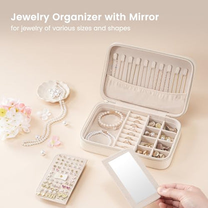 Lolalet Travel Jewelry Case for Women Girls -Medium, White | Jewelry Box Organizer for Travel Essentials, Mirror & Clear Storage Bag, Earring Necklace Bracelet Ring Holder, Mother's Gift