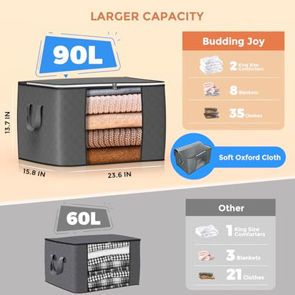 90L Large Storage Bags, 6 Pack Clothes Storage Bins Closet Organizers | Foldable Storage Containers, with Reinforced Handle, for Clothing, Blanket, Comforters, Bed Sheets, Pillows and Toys,Gray