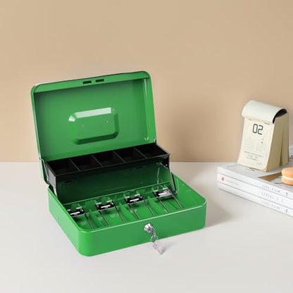 Cash Box with Lock Key and Money Tray - Large Money Box for Cash Register, Metal Lock Box for Money Safe 11.8" x 9.4" x 3.54" Green