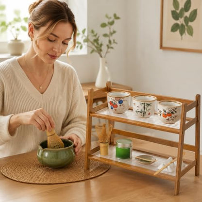 2 Tier Matcha Station Organizer, Countertop Bamboo Coffee Bar Display Shelf, Mug Holder Stand, Tea Cup & Tools Storage Rack for Kitchen Cabinet Home Decor