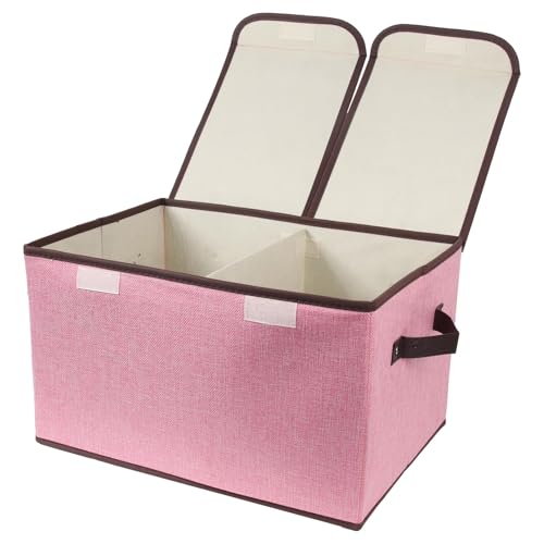 Foldable Fabric Storage Box, 16.5 x 11.8 x 9.8 inches (L x W x H), with Double-Lid & Dividers, Large Organizer for Home, Closet, Office(Pink)