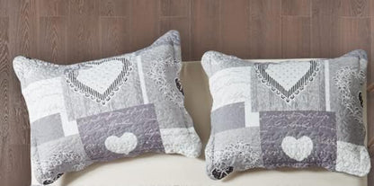 Brilliant Sunshine Grey Heartlove Pillowshams Set, 20"x26"+2" | Patchwork Design, Quilted Standard Pillowcases, Washable Scallop Edge Pillow Covers, Pack of 2