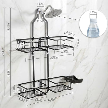 Shower Caddy Hanging Organizer Over Showerhead, Rustproof Black | 2-Tier No-Drill Hanging Shower Organizer with Removable Hooks, Soap Dish, Toothbrush Holder for Bathroom Razor Shampoo Sponge