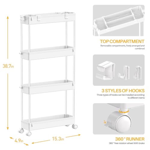 Slim Storage Cart 4 Tier,Bathroom Organizer Rolling Utility, Mobile Shelving Unit Slide Out for Office, Kitchen, Laundry Room & Narrow Places,White