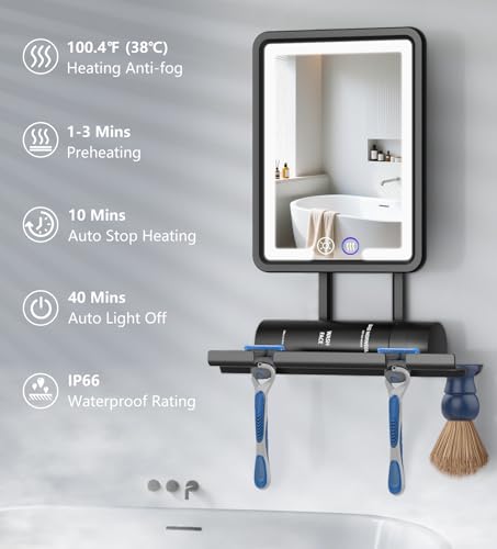Shinowa Shower Mirror Fogless for Shaving with Light 360° Adjustable, Black | Rechargeable Anti-Fog Shaving Mirror, Large Storage Tray & Razor Holder, Dimmable Lights with 3 Colors, IP66 Waterproof
