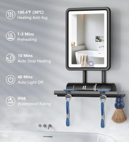 Shinowa Shower Mirror Fogless for Shaving with Light 360° Adjustable, Black | Rechargeable Anti-Fog Shaving Mirror, Large Storage Tray & Razor Holder, Dimmable Lights with 3 Colors, IP66 Waterproof