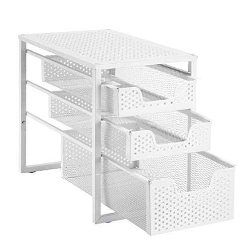 Simple Trending Under Sink Organizer 3-Tier with Sliding Storage Drawer | Multi-Purpose Desktop Organizer, Metal Cabinet Organizer for Kitchen Bathroom Office, Stackbale, Space Saving, White