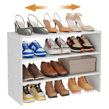 3-Tier Expandable White Shoe Rack Organizer for Closet, Stackable Shoe Racks Storage Shelf, Small Metal Wood Combination Shoe Shelves for Closets,Entryway,Front Door, Narrow Space,Hallway,8-16 Pairs