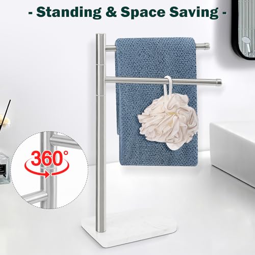 Hand Towel Holder, F-Shape Hand Towel Stand with Marble Base, Stainless Steel Swivel Hand Towel Rack Standing Towel Bar for Bathroom Kitchen Countertop, 2 Arms (Brushed Nickel)