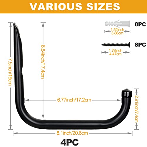 Wall Hooks for Garage Garden, 4 Pack Water Hose Holder, Large Garage Storage Hanger for Ladder Bike Extension Cord Tool, Wall Mount l Hooks, Black Heavy Duty 8 inch Long Hook