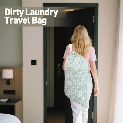 Laundry Bag Backpack for Dorm & Travel, 29 x 18" Large Dirty Bag | Cute Blue Floral College Clothes Pouch with Straps and Handles. Ideal for Apartment, Camp and Portable Bag for Laundromat