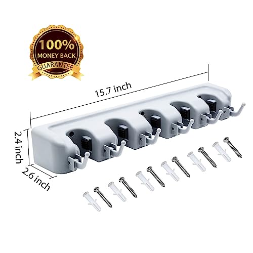LETMY Broom Holder Wall Mounted - Mop and Broom Hanger Holder - Garage Storage Rack & Garden Tool Organizer - 5 Position 6 Hooks for Home, kitchen, Garden, Tools, Garage