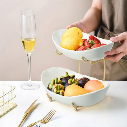 2 Tier Ceramic Fruit Bowl for Kitchen Counter, Tiered Fruit Basket for Countertop, Modern Multi Layer Fruit Display Stand for Party, Cute (Gold&White, Small) 1