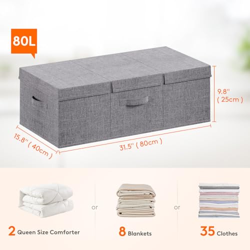 Lifewit 80L Under Bed Storage Containers, 9.8 Inch Tall Underbed Clothes Storage Organizer Bin with Sturdy Sidewalls, Bottom, 3 Lids, Deep Storage Drawer for Clothes, Shoes, Blankets, Pillows 2 Pack