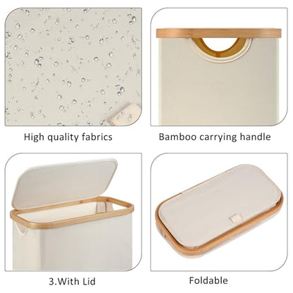 Slim Laundry Hamper,Narrow laundry Hamper with Lid,60L Hamper for Laundry,Dirty Cloth Hamper with Bamboo Handle for Towels, Clothes Organizing,Beige