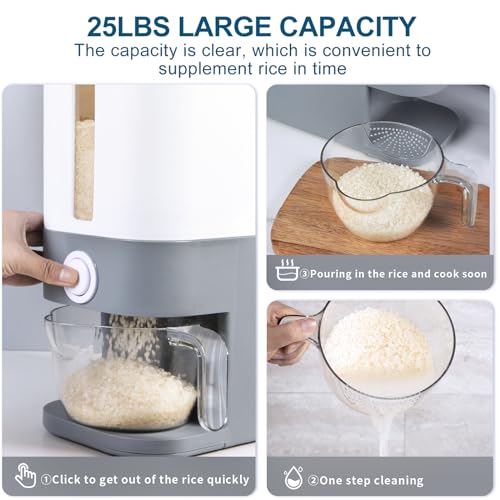 22.5-25 Lbs Gray Rice Dispenser, Rice Container with Lid, Rice Storage Container with Measuring Cup, Food Dispenser Rice Container, Storage Container for Cereal, Household Rice Bucket