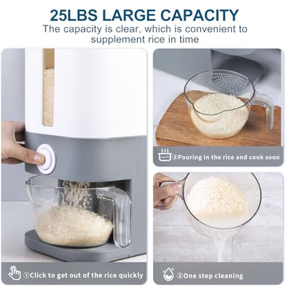 22.5-25 Lbs Gray Rice Dispenser, Rice Container with Lid, Rice Storage Container with Measuring Cup, Food Dispenser Rice Container, Storage Container for Cereal, Household Rice Bucket