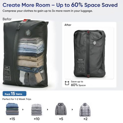 Travel Vacuum Bags with Pump, Compression Bags, Waterproof & Reusable Nylon Vacuum Travel Kit, Portable Space Saver Storage Bags with Wireless Vacuum Pump for Carry-On Backpack & Suitcase, 2 Pack