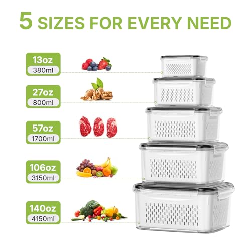 5 Pack Large Fruit Storage Containers for Fridge, Leakproof Produce Containers with Removable Colanders, Dishwasher Safe Fridge Organizers and Storage, Keep Berry, Vegetables Fresh Longer
