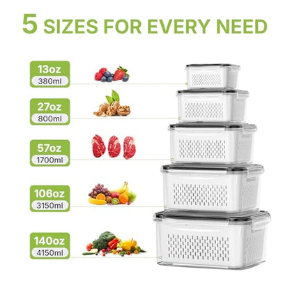 5 Pack Large Fruit Storage Containers for Fridge, Leakproof Produce Containers with Removable Colanders, Dishwasher Safe Fridge Organizers and Storage, Keep Berry, Vegetables Fresh Longer