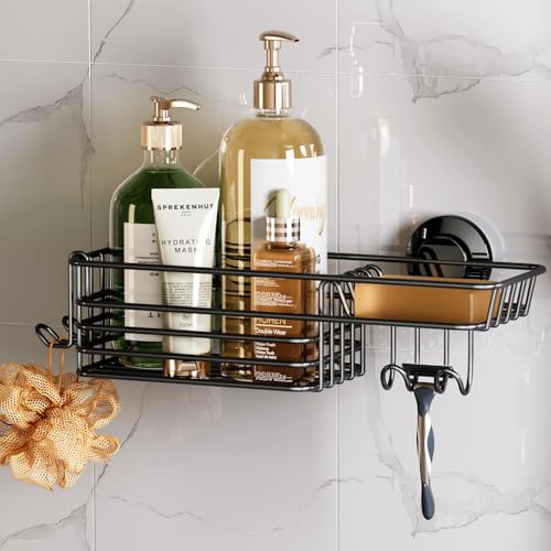 Shower Caddy Suction Cup with Hooks and Soap holde... (Black | Metal)