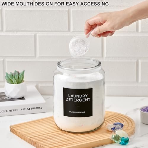 Glass Jars Laundry Containers with Lid, 0.5 Gallon Laundry Organization and Storage Jars, Laundry Detergent Container Laundry Powder Pods Holder, Glass Jar Wide Mouth with Scoops, Labels, 4 Pack
