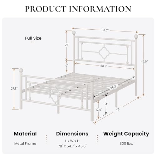 SHA CERLIN 14 Inches Full Size Metal Platform Bed Frame/Vintage Iron-Art Headboard and Footboard/Mattress Foundation for Storage/No Box Spring Needed/Noise-Free/Easy Assembly/White