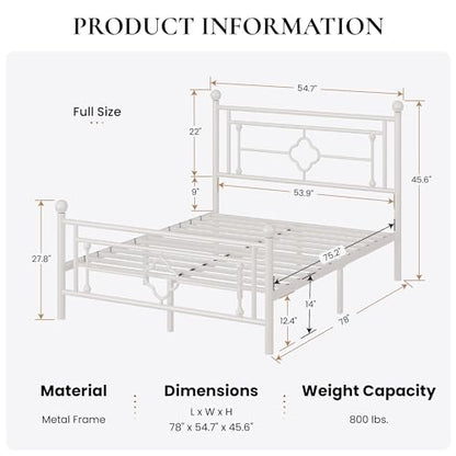 SHA CERLIN 14 Inches Full Size Metal Platform Bed Frame/Vintage Iron-Art Headboard and Footboard/Mattress Foundation for Storage/No Box Spring Needed/Noise-Free/Easy Assembly/White