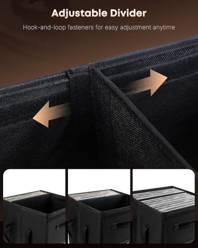 Uniclife Vinyl Record Storage Box with Lid & Handles | Collapsible, Splash-Resistant Album Storage Crate for 80 Single Records (12"), Black, 13" × 13" × 13"