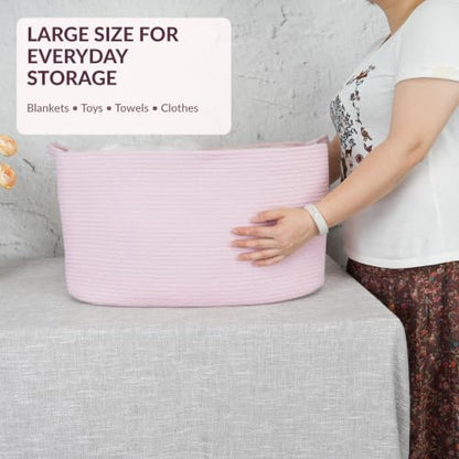 XUANGUO Large Rectangle Woven Cotton Rope Blanket Basket 22"x17"x12" Pink | Storage basket for nursery and living room; toy basket for kids, laundry basket for clothes and towels, or gift basket.