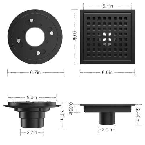 6 Inch Shower Drain Matte Black, Square Bathroom Floor Drain, Stainless Steel Drain Kit with Flange, Removable Grid Cover, Hair Strainer