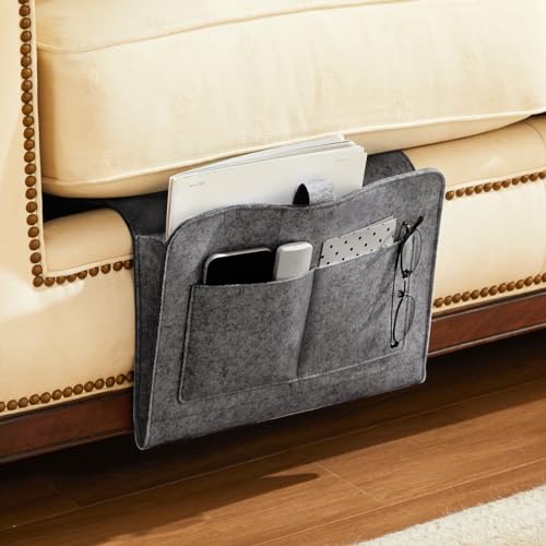 YOUDENOVA Bedside Caddy, Bedside Organizer for Dorm Room, Bunk Bed, Grey | Soft Felt Fabric Bed Caddy, Bedside Pocket, Remote Control Holder for Bedroom, Dorm, Bunk Bed & Sofa, Books, Phones & Glasses