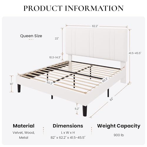 SHA CERLIN Queen Size Platform Bed Frame, Velvet Upholstered Bed with Adjustable Headboard, Vertical Channel Tufted Design, Sturdy Wood Slat Support, No Box Spring Needed, Easy Assembly, White