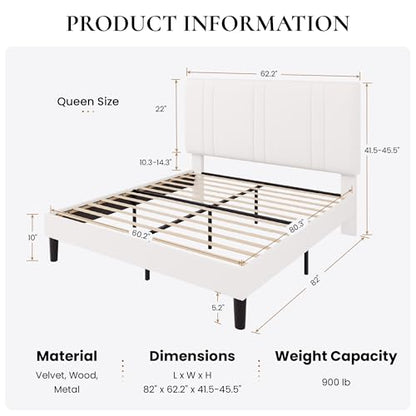 SHA CERLIN Queen Size Platform Bed Frame, Velvet Upholstered Bed with Adjustable Headboard, Vertical Channel Tufted Design, Sturdy Wood Slat Support, No Box Spring Needed, Easy Assembly, White